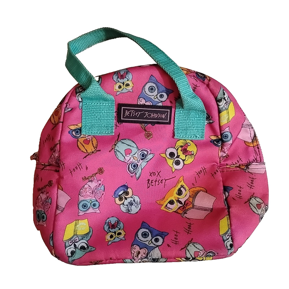 Betsey Johnson Lunch Box Tote Insulated School Owl Pink Teal Zip Closer